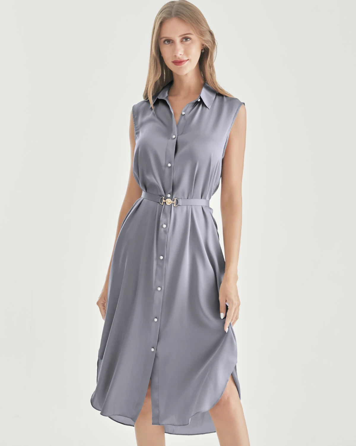 Belted Shirt Dress Sleeveless Silk Dress, Grey