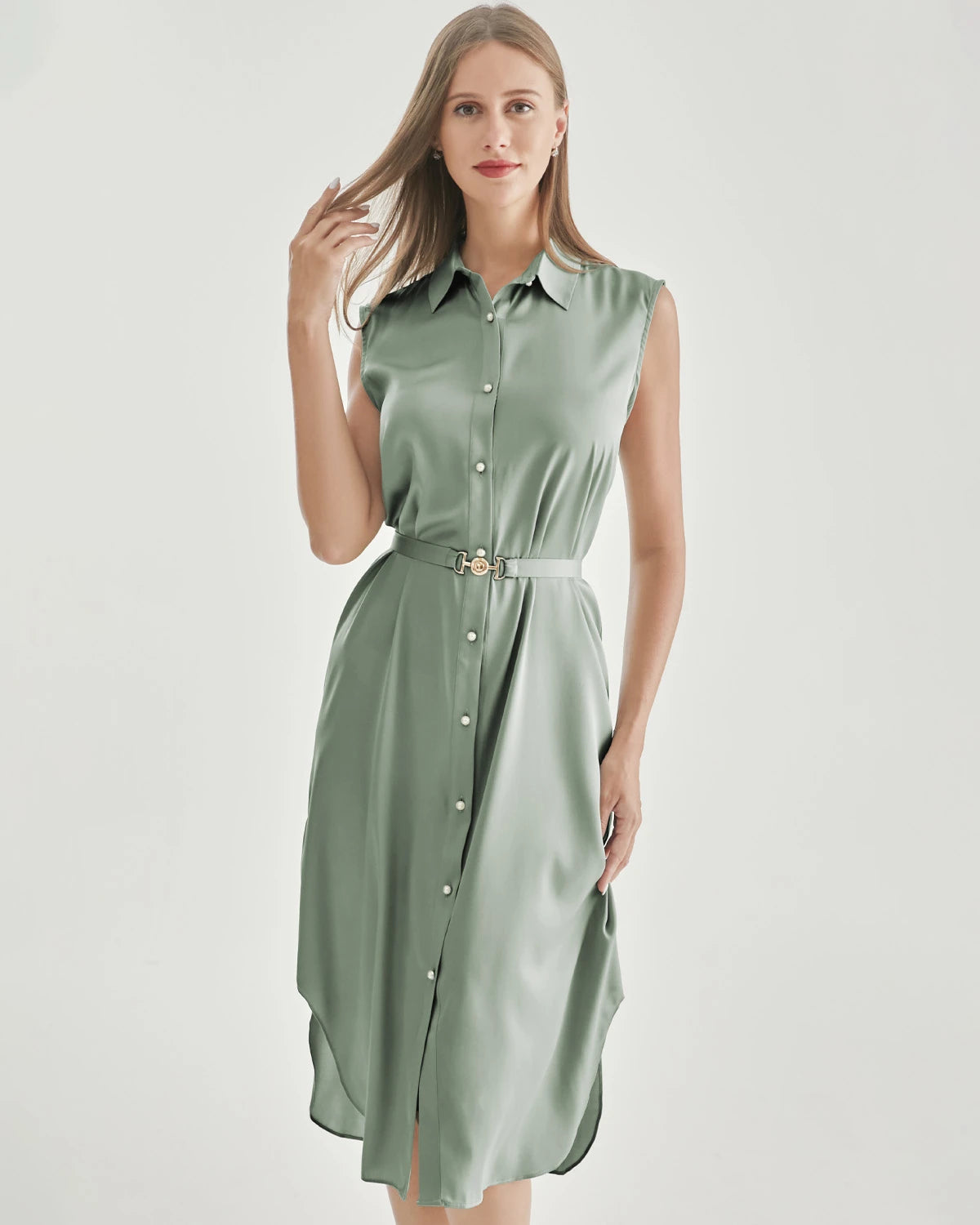 Belted Shirt Dress Sleeveless Silk Dress, Light Green