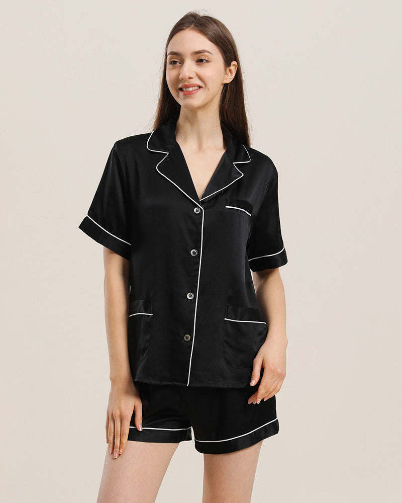 Button Up Silk Short Pajama Set Black