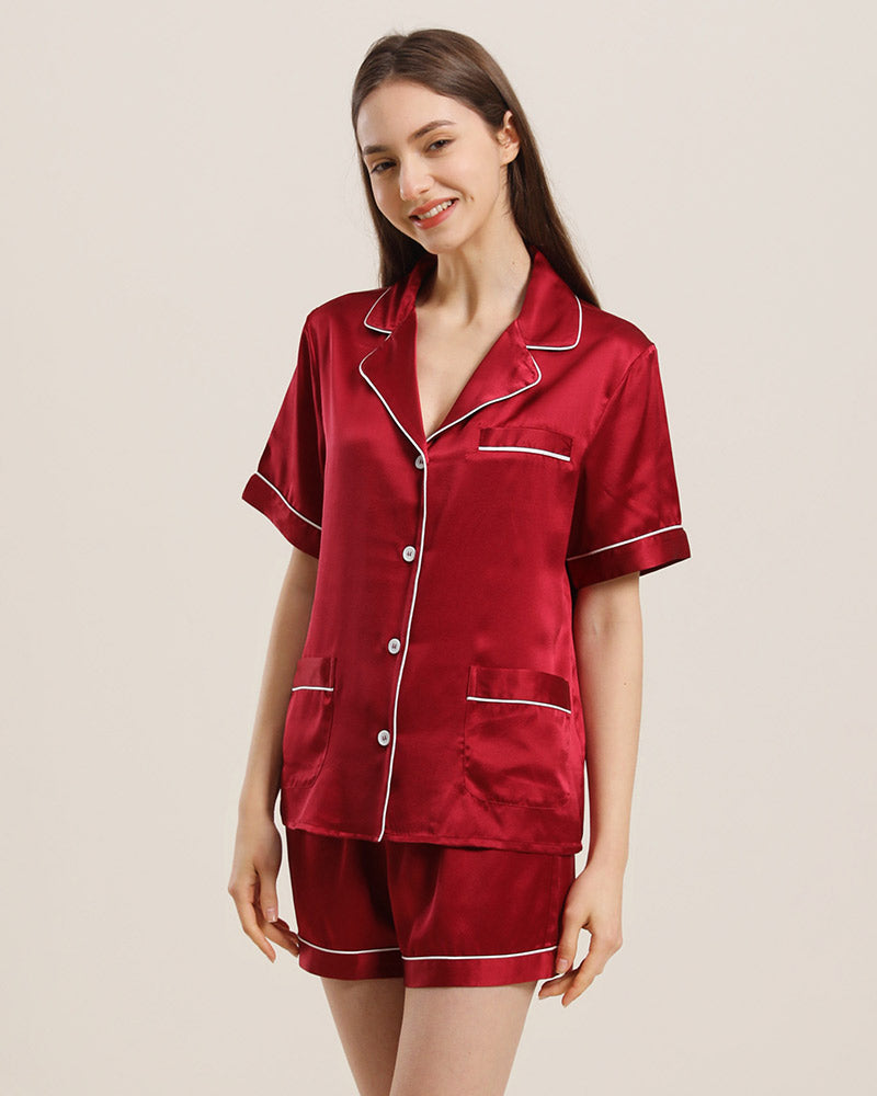 Button Up Silk Short Pajama Set Burgundy