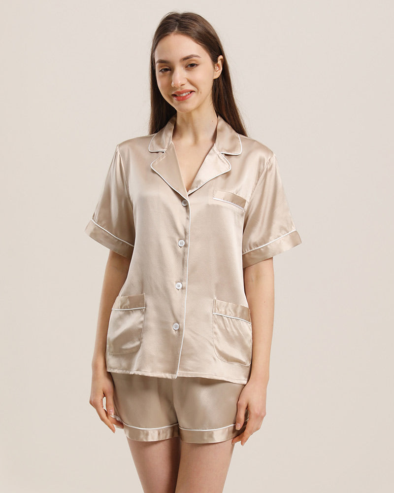 Button Up Silk Short Pajama Set Champagne