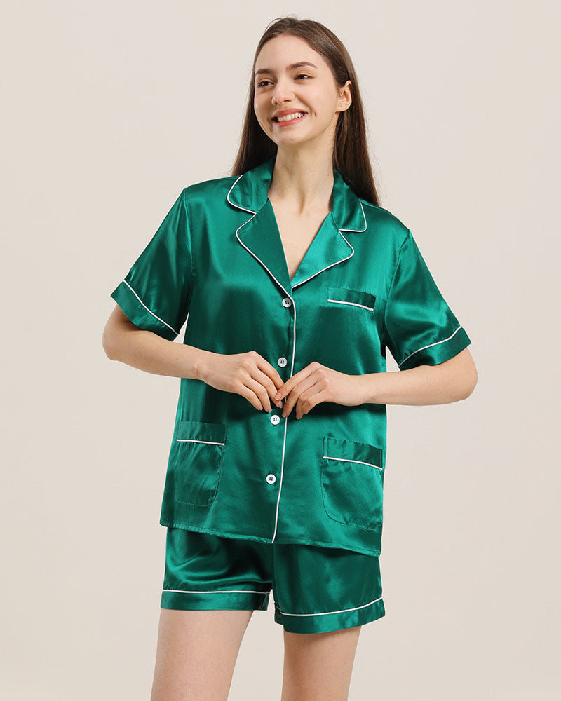 Button Up Silk Short Pajama Set Green