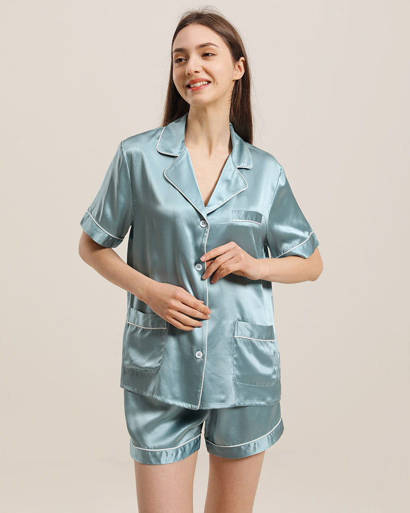 Button Up Silk Short Pajama Set Haze Blue