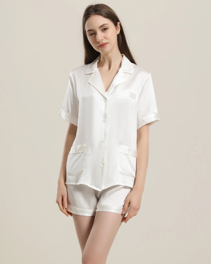 Button Up Silk Short Pajama Set White