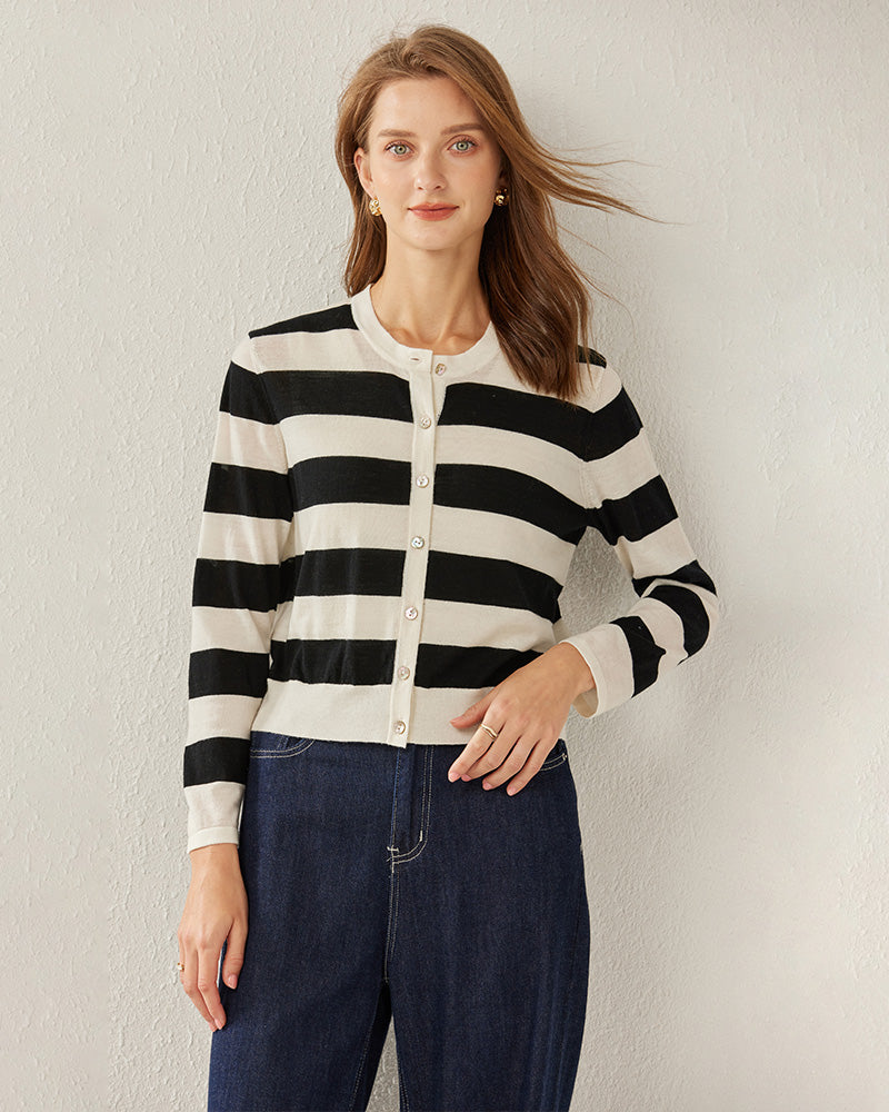 Striped Button Up Cashmere Cardigan - DAISYSILK