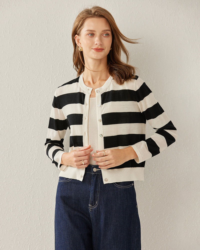 Striped Button Up Cashmere Cardigan - DAISYSILK