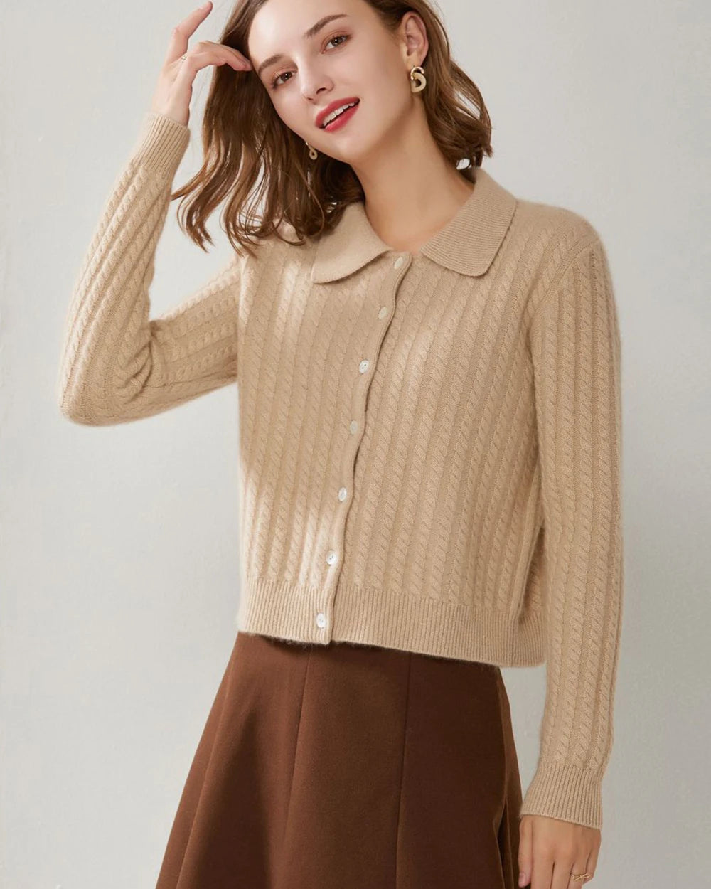 Cable Knit Cashmere Cardigan, Camel