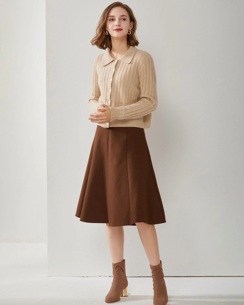 Cable Knit Cashmere Cardigan, Camel