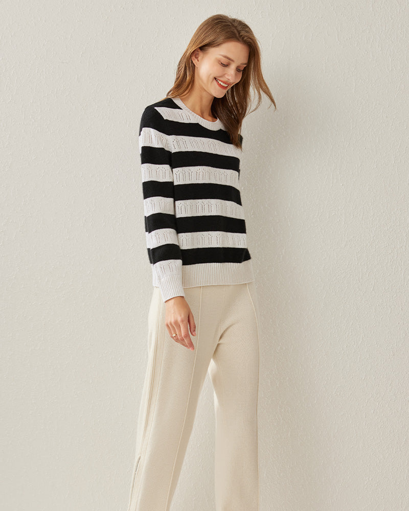 Crew Neck Stripe Cashmere Sweater - DAISYSILK