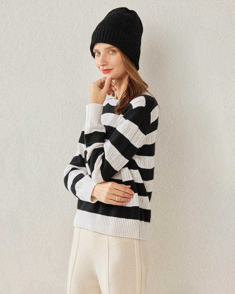 Crew Neck Stripe Cashmere Sweater - DAISYSILK