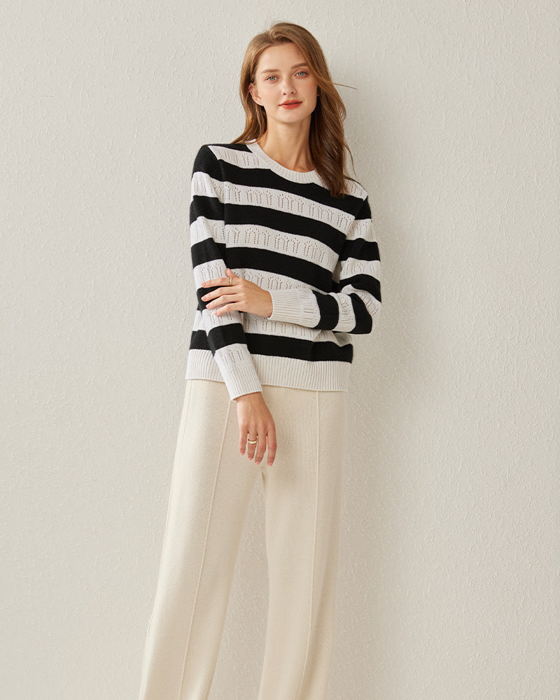 Crew Neck Stripe Cashmere Sweater - DAISYSILK
