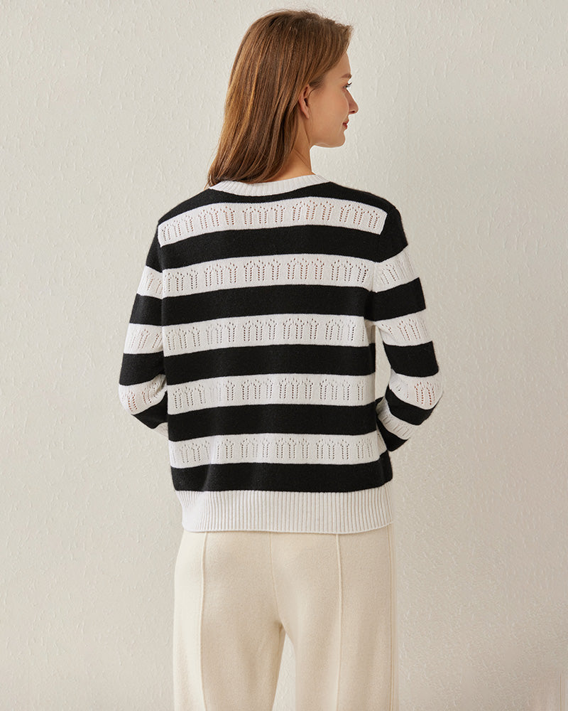 Crew Neck Stripe Cashmere Sweater - DAISYSILK