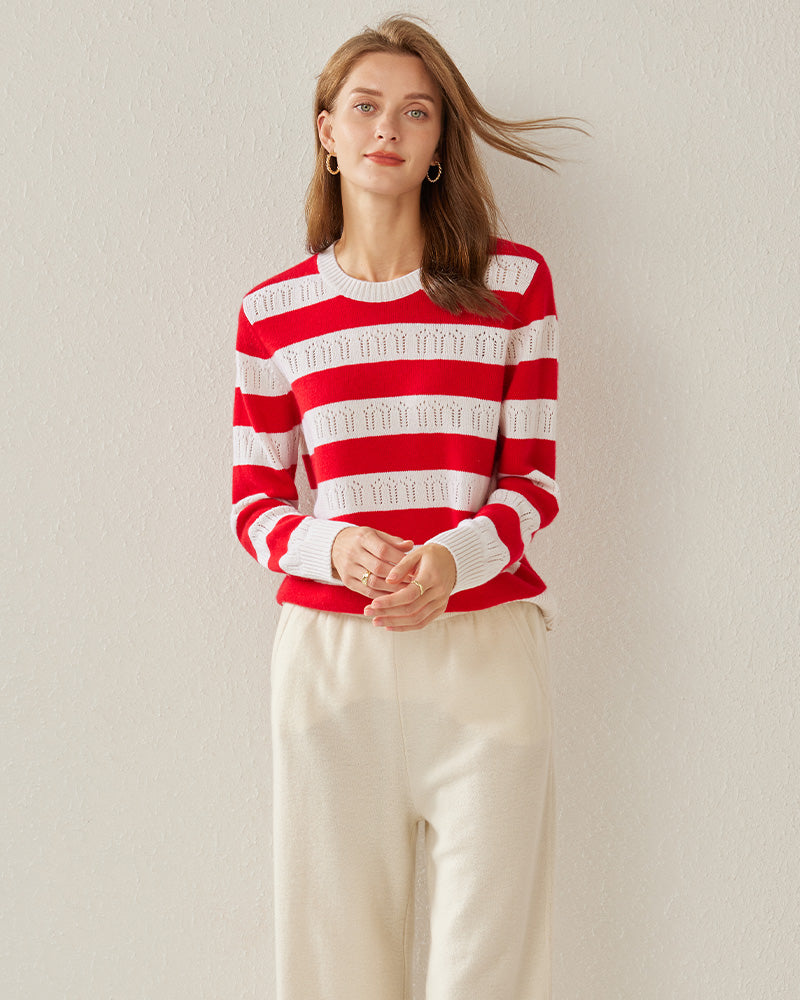 Crew Neck Stripe Cashmere Sweater - DAISYSILK