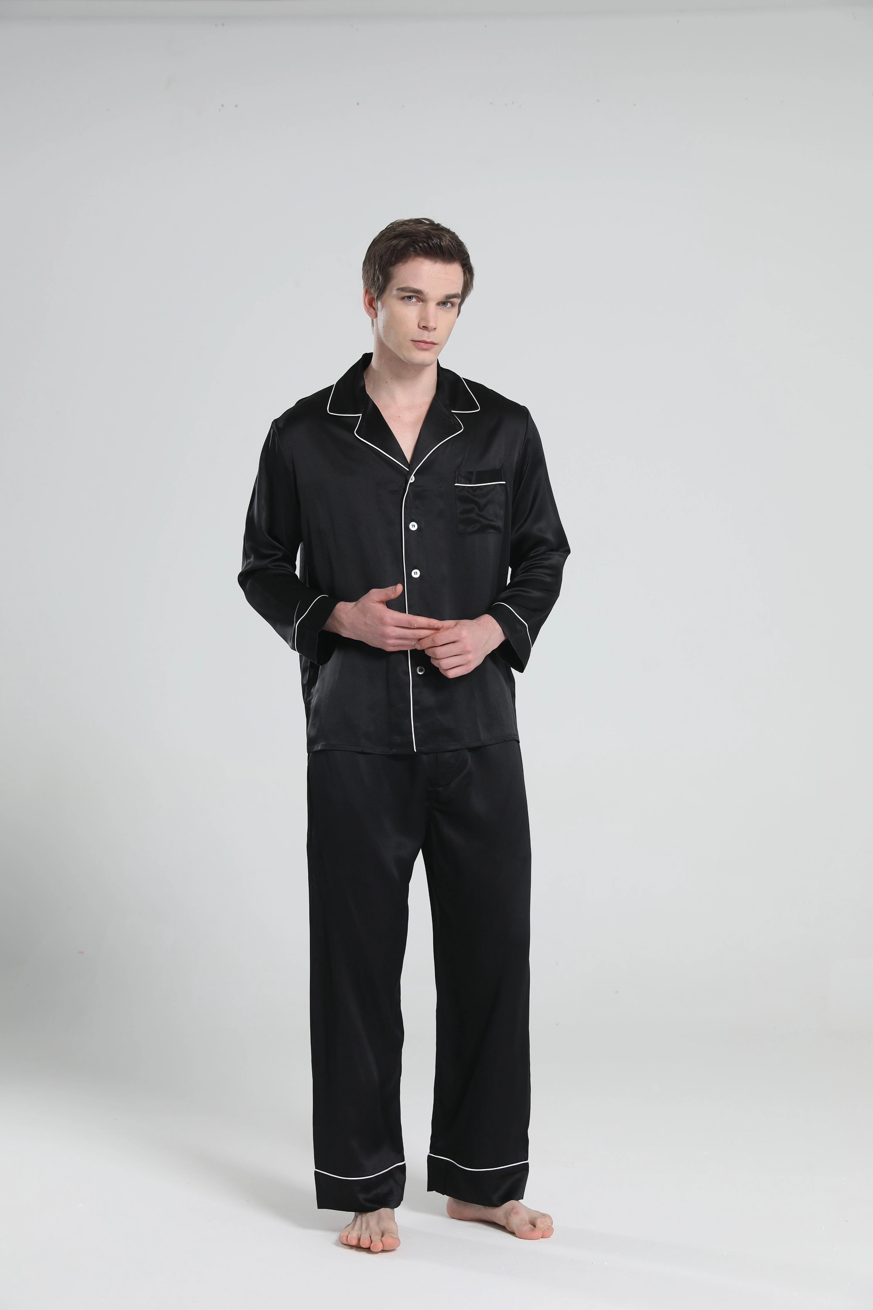 Casual Lapel Collar Silk Pajamas Set for Men, Black