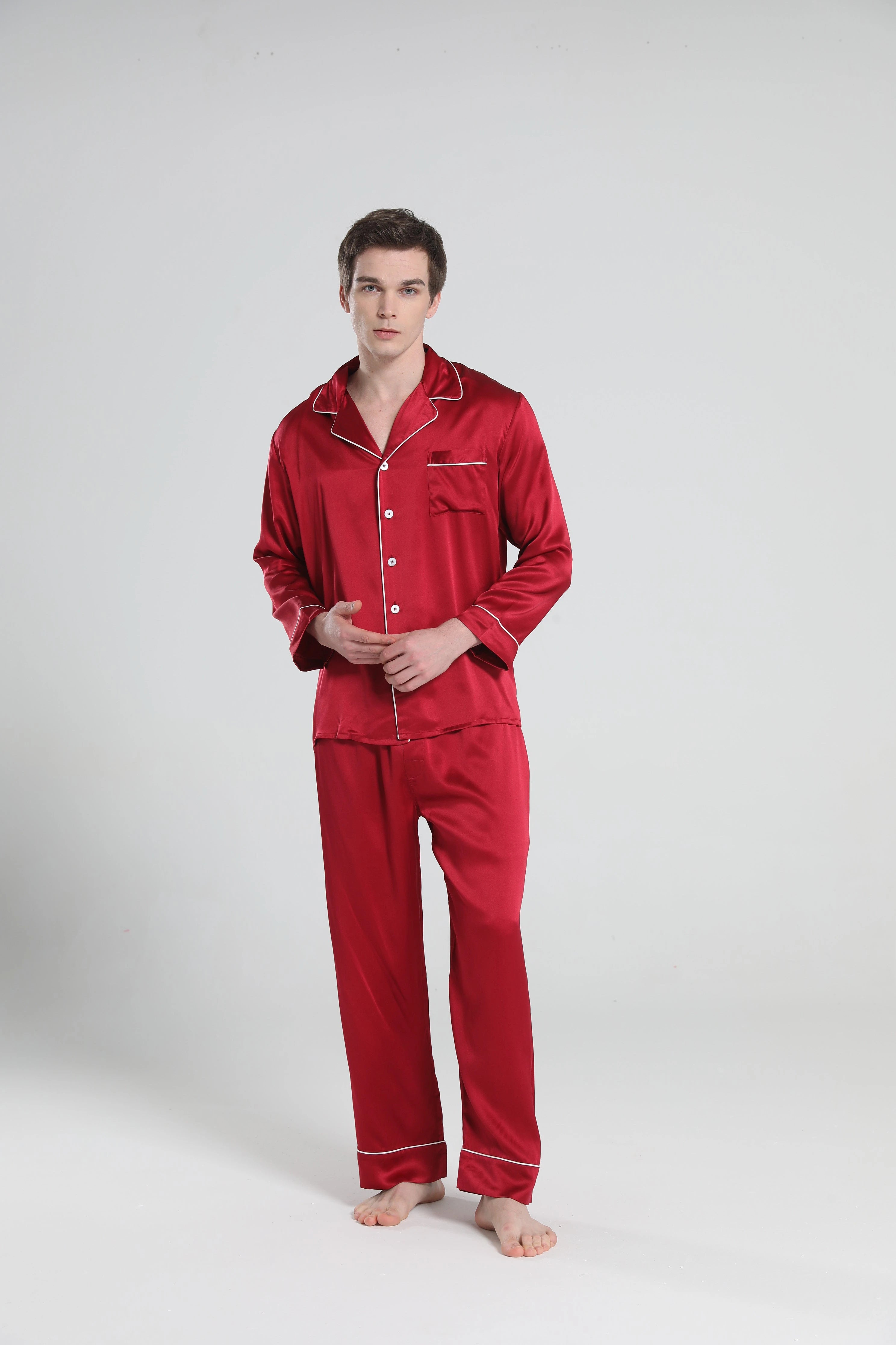 Casual Lapel Collar Silk Pajamas Set for Men, Burgundy