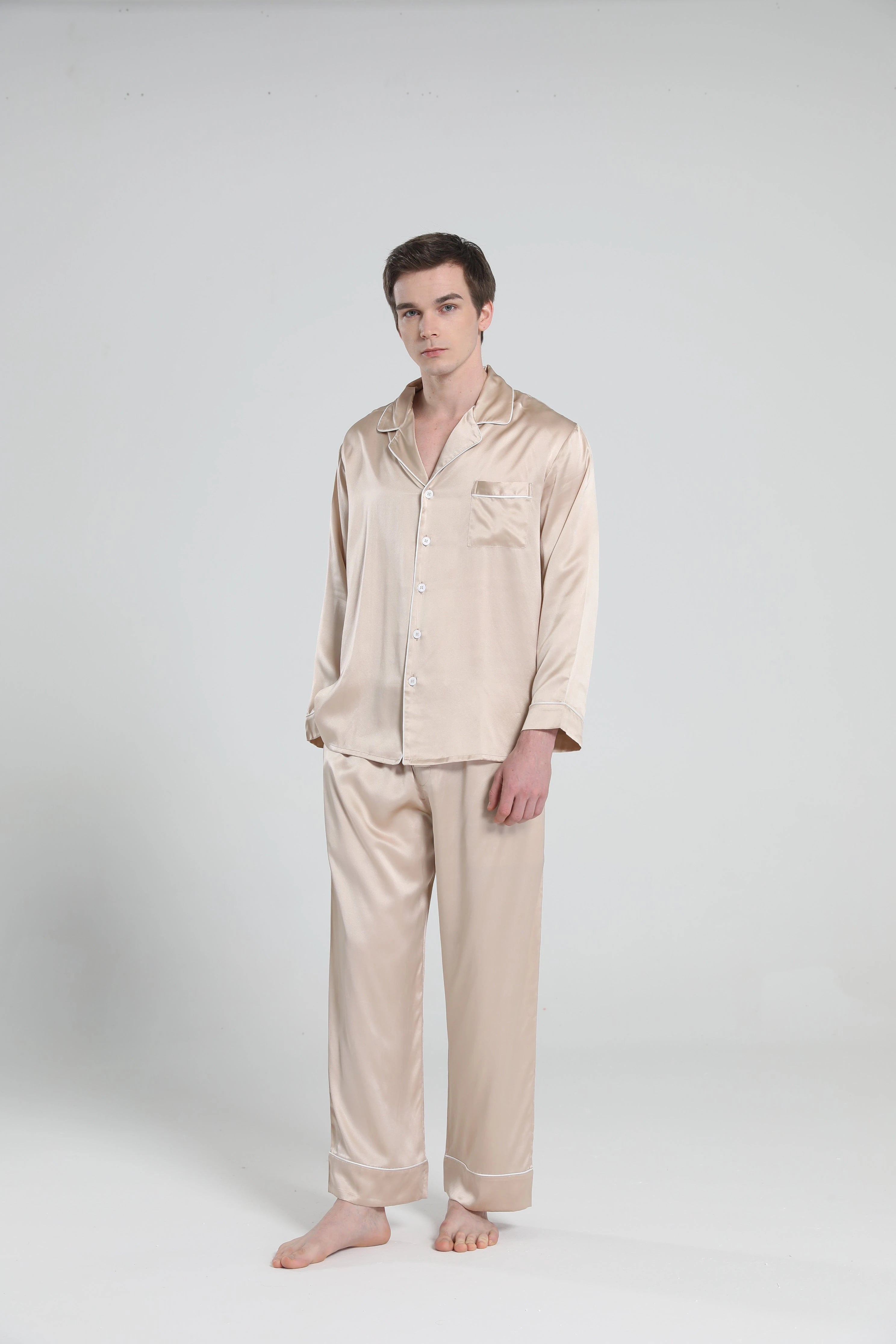 Casual Lapel Collar Silk Pajamas Set for Men, Champagne