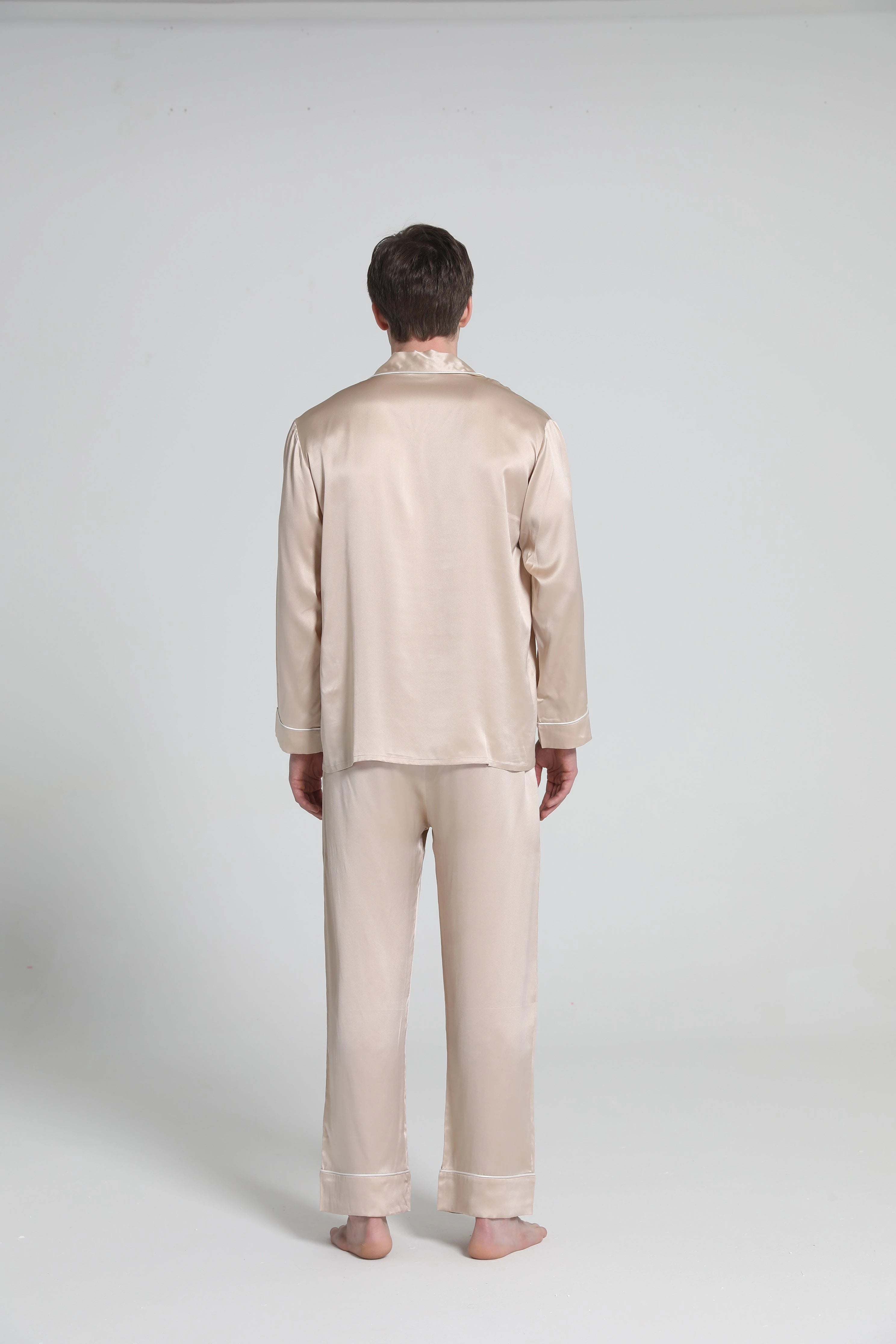 Casual Lapel Collar Silk Pajamas Set for Men, Champagne