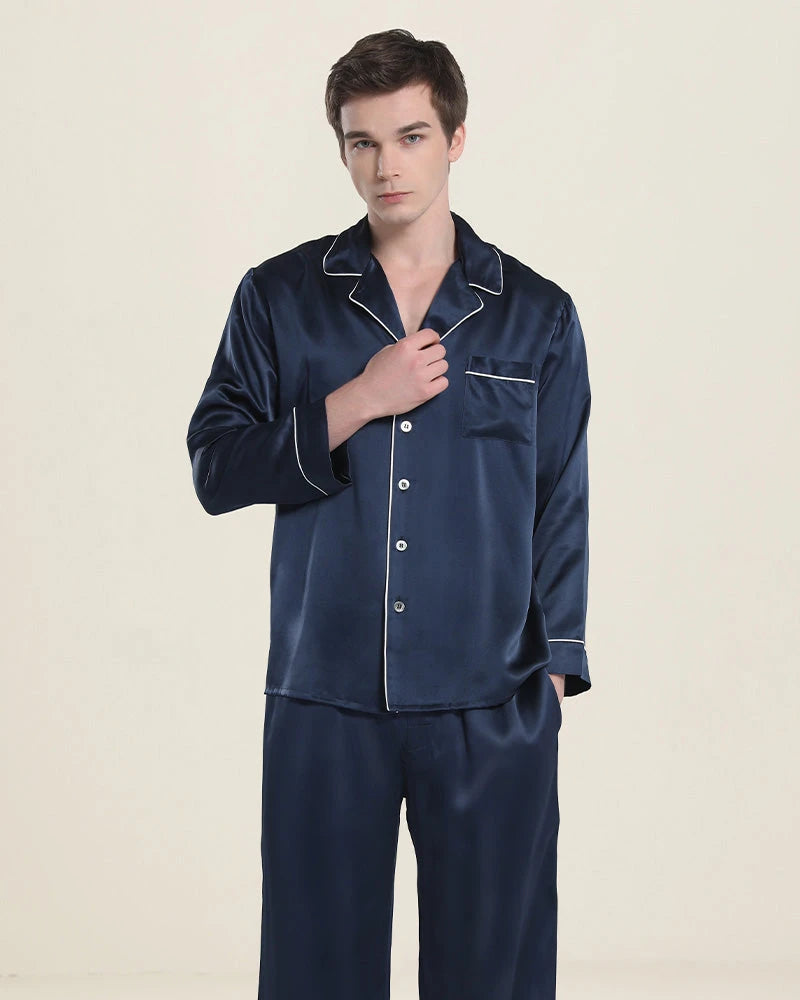 Casual Lapel Collar Silk Pajamas Set for Men, Navy
