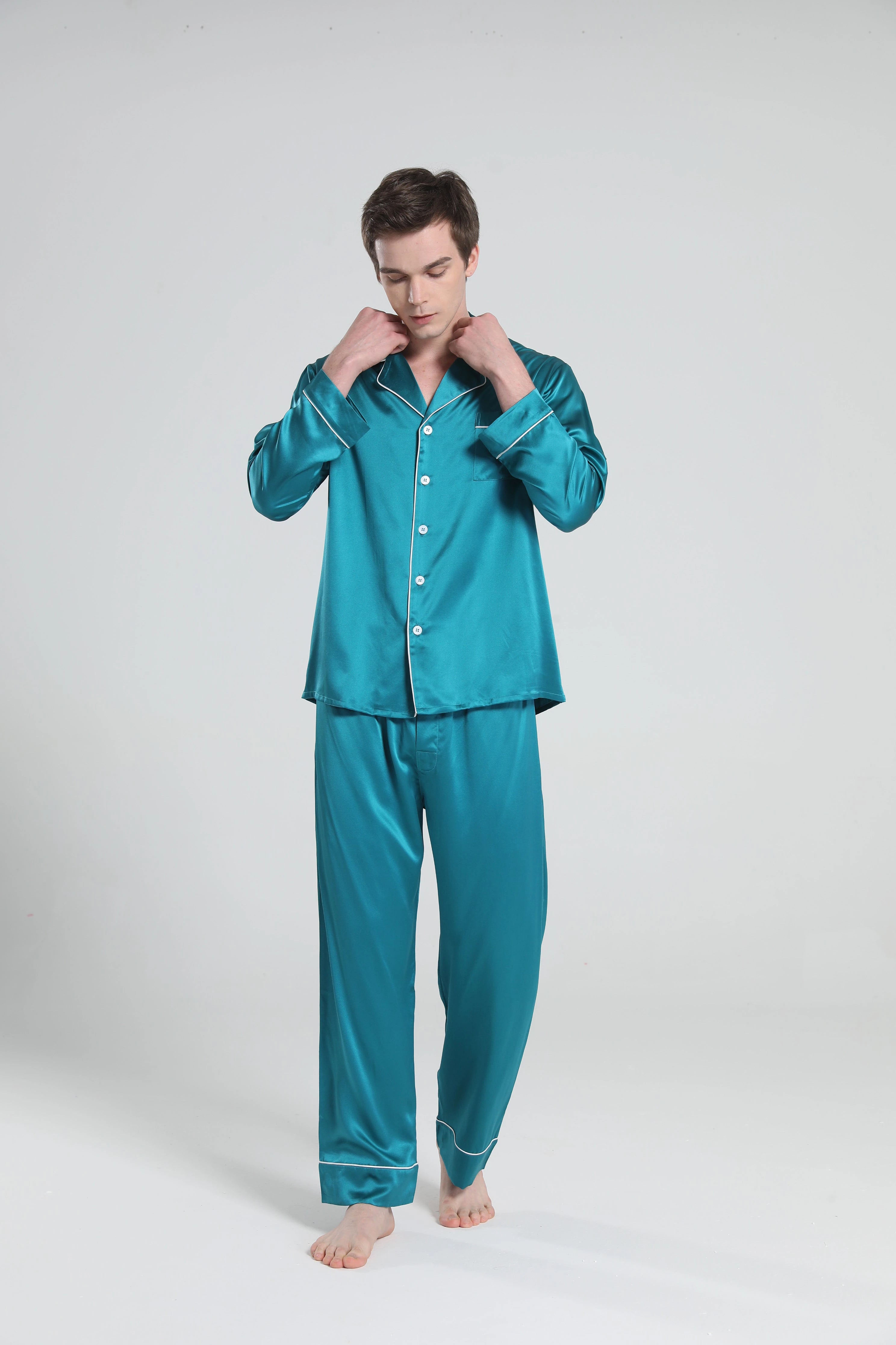 Casual Lapel Collar Silk Pajamas Set for Men, Peacock Blue