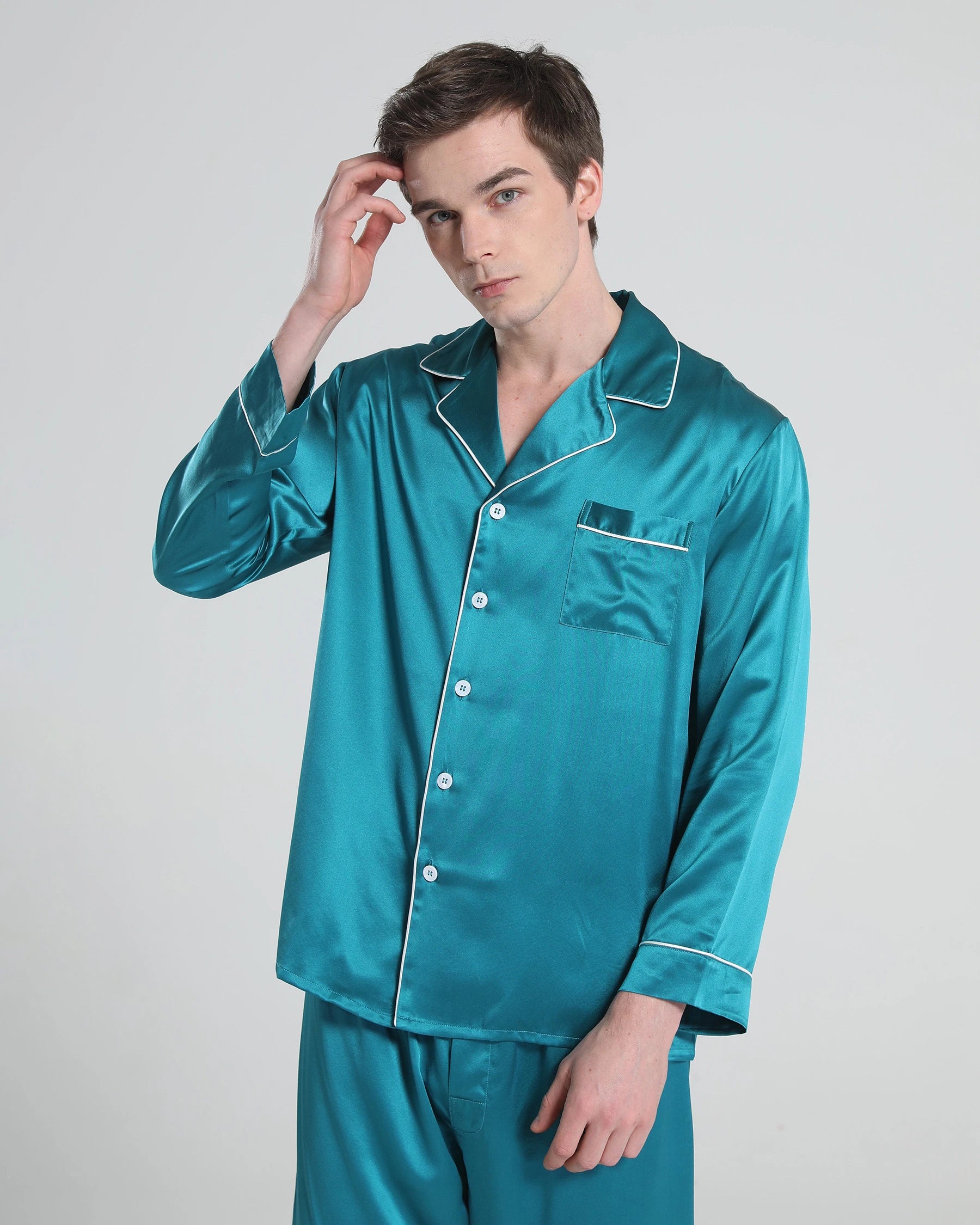 Casual Lapel Collar Silk Pajamas Set for Men, Peacock Blue
