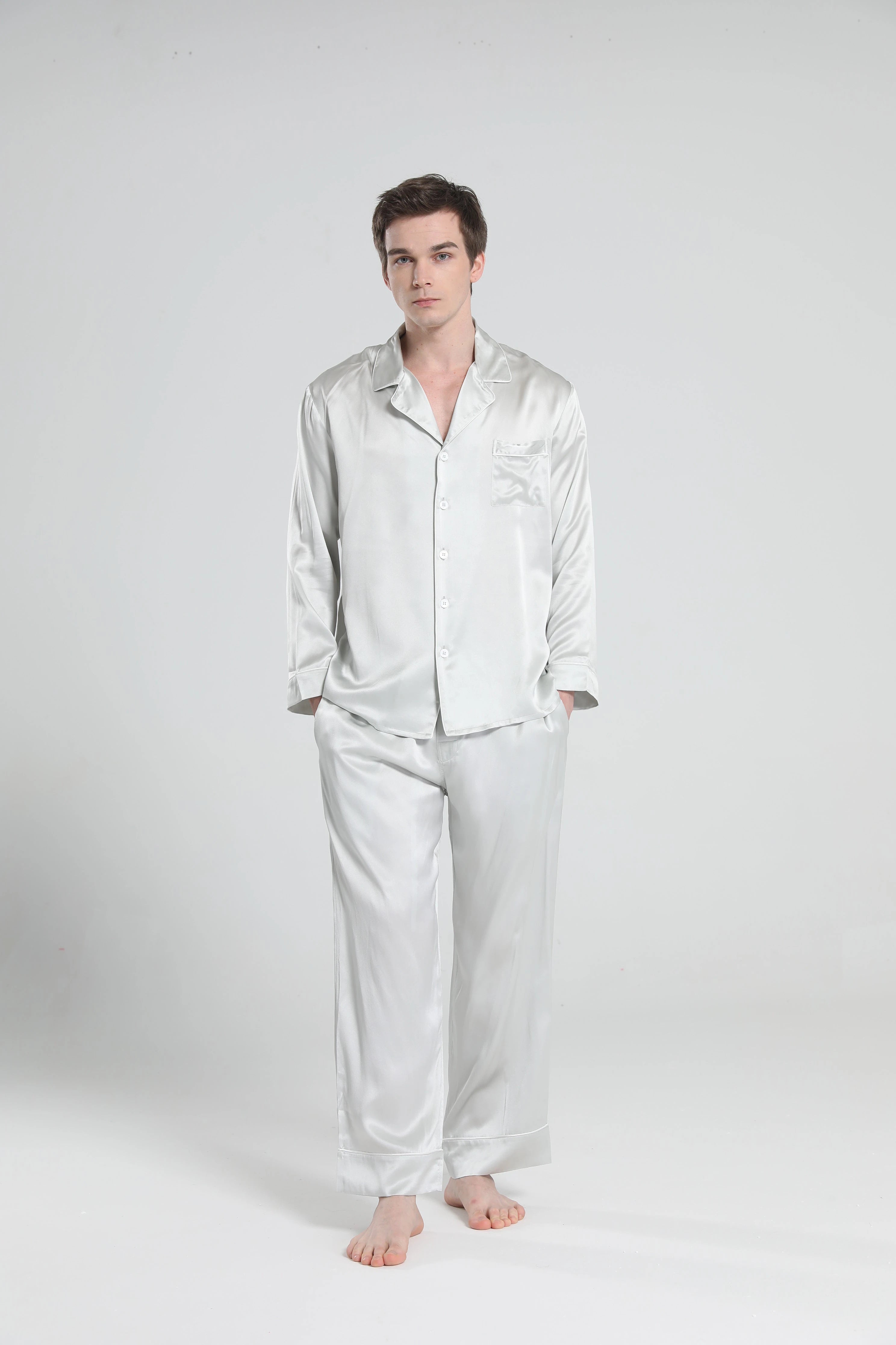 Casual Lapel Collar Silk Pajamas Set for Men, Grey