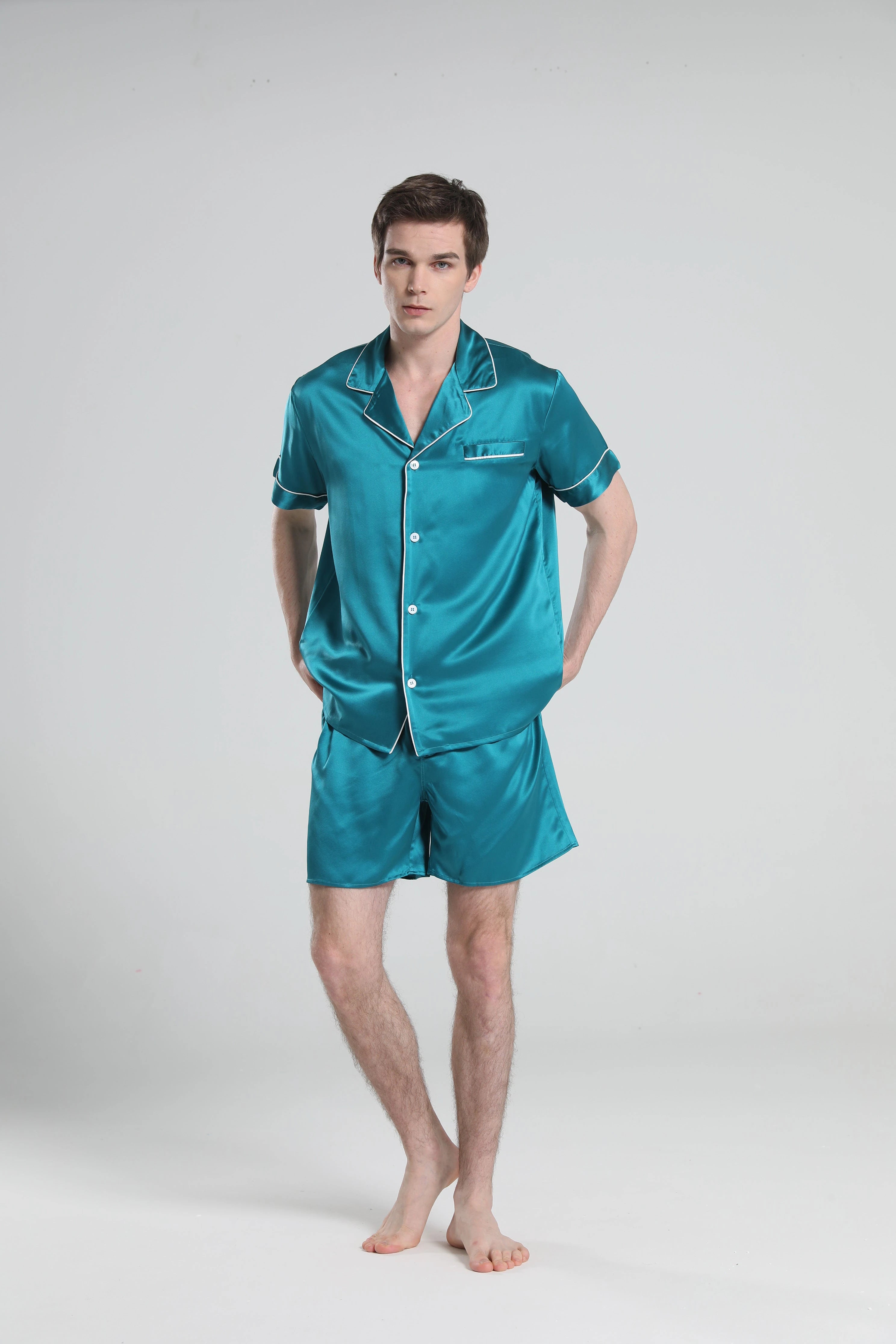 Casual Silk Short Pajamas For Men, Peacock Blue