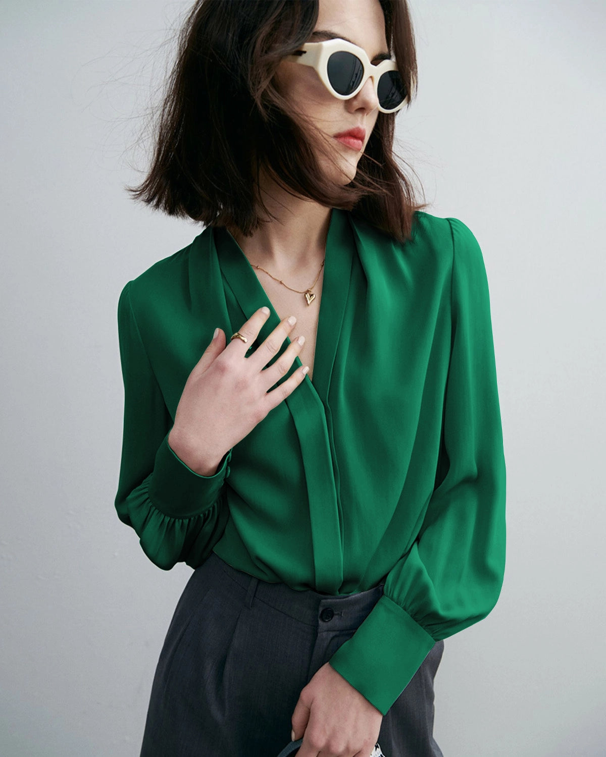 Chic Deep V-Neck Silk Blouse, Dark Green