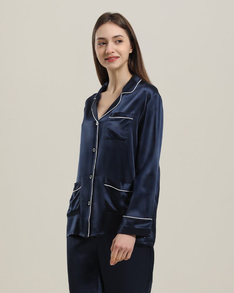 Classic Silk Pajamas For Women, Navy