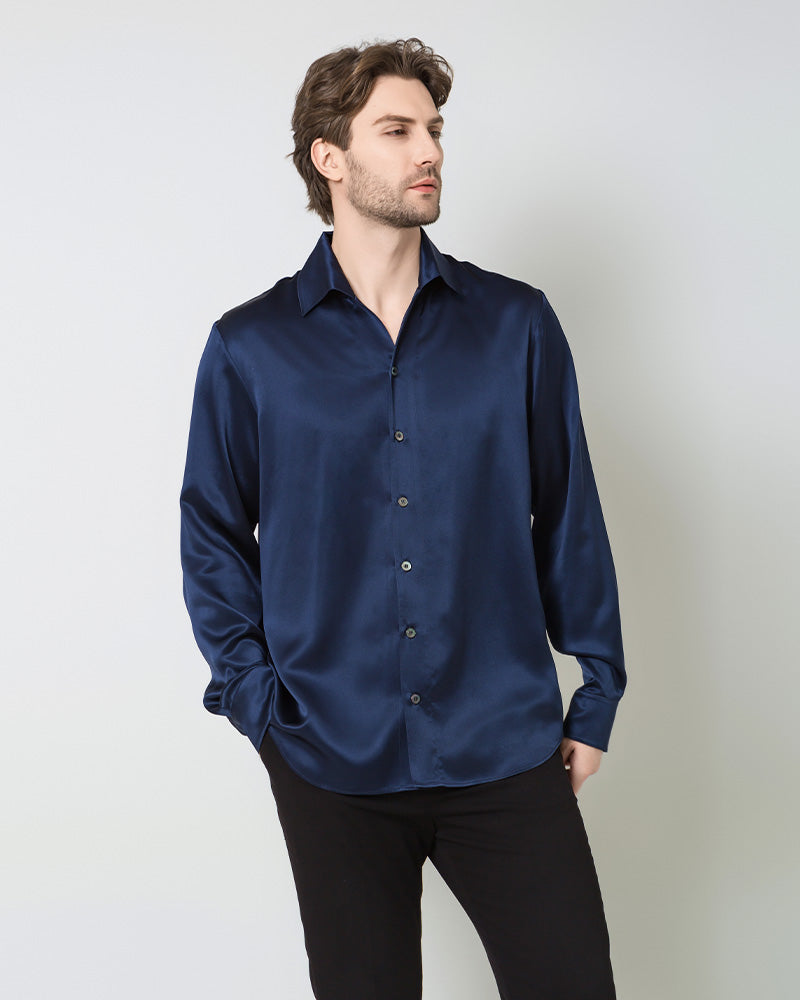 Classic Long Sleeve Silk Men's Shirt, Navy