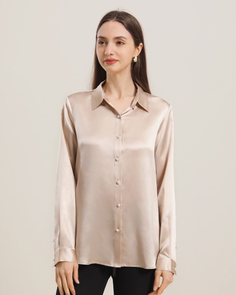 Classic Pearl Button Silk Shirt For Women Champagne