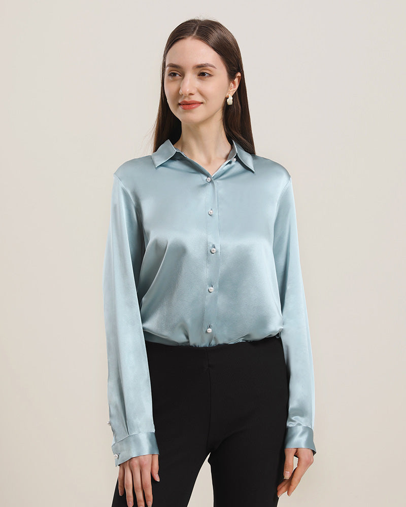 Classic Pearl Button Silk Shirt For Women Blue