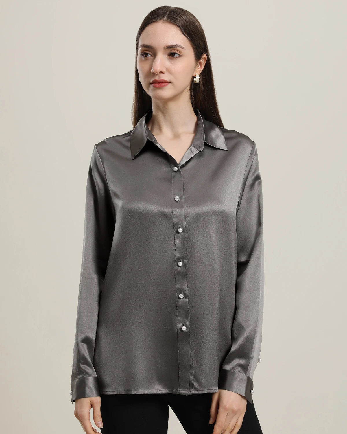 Classic Pearl Button Silk Shirt For Women Dark Grey