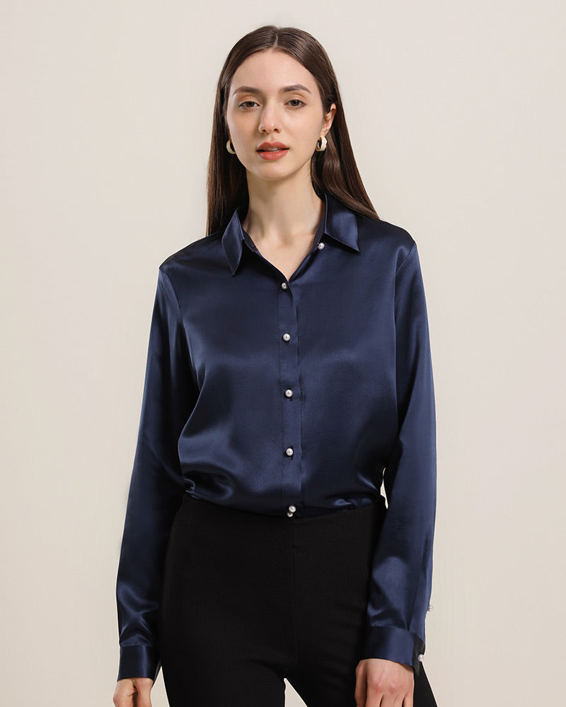 Classic Pearl Button Silk Shirt For Women Navy