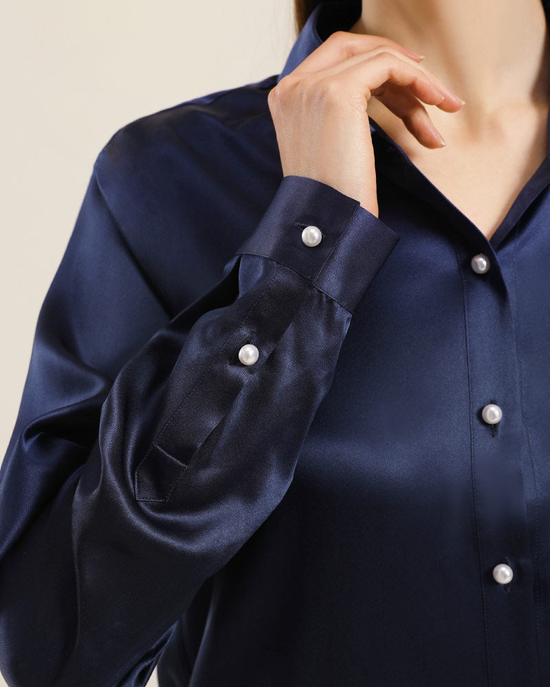 Classic Pearl Button Silk Shirt For Women Navy
