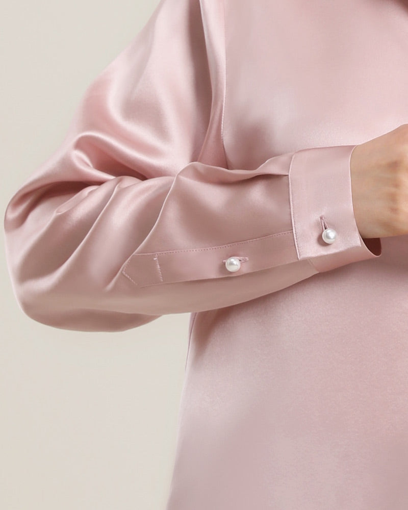Classic Pearl Button Silk Shirt For Women Pink