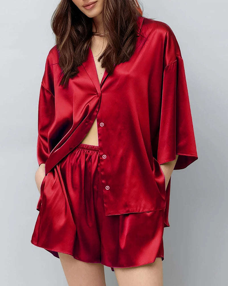 Classic Plus Size Silk Pajama Set,  Red