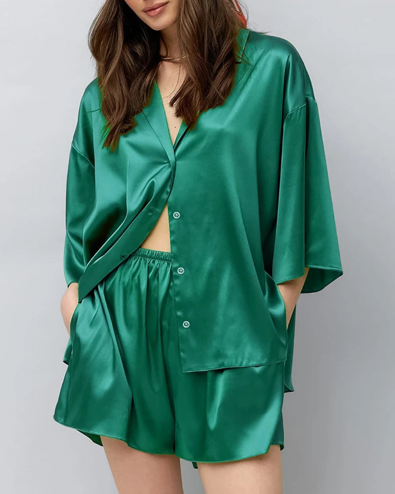 Classic Plus Size Silk Pajama Set, Dark Green
