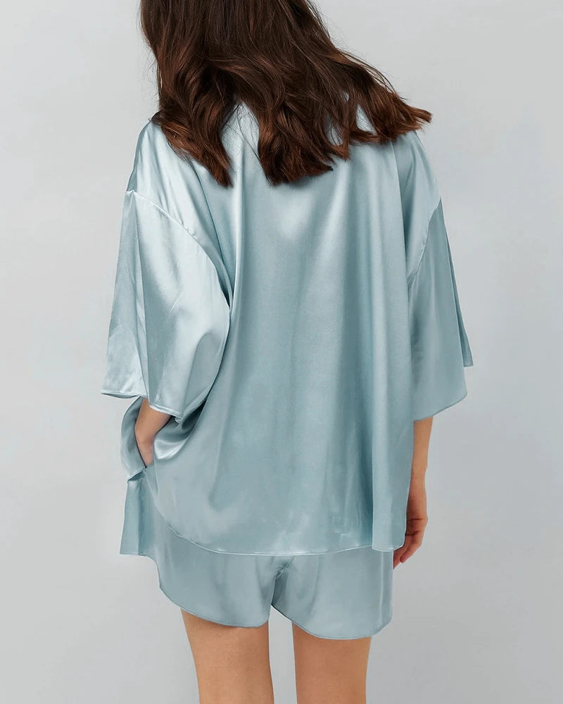 Classic Plus Size Silk Pajama Set, Haze Blue