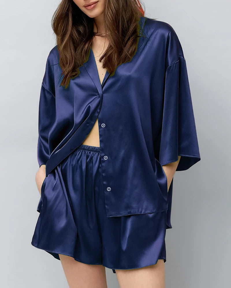 Classic Plus Size Silk Pajama Set, Navy