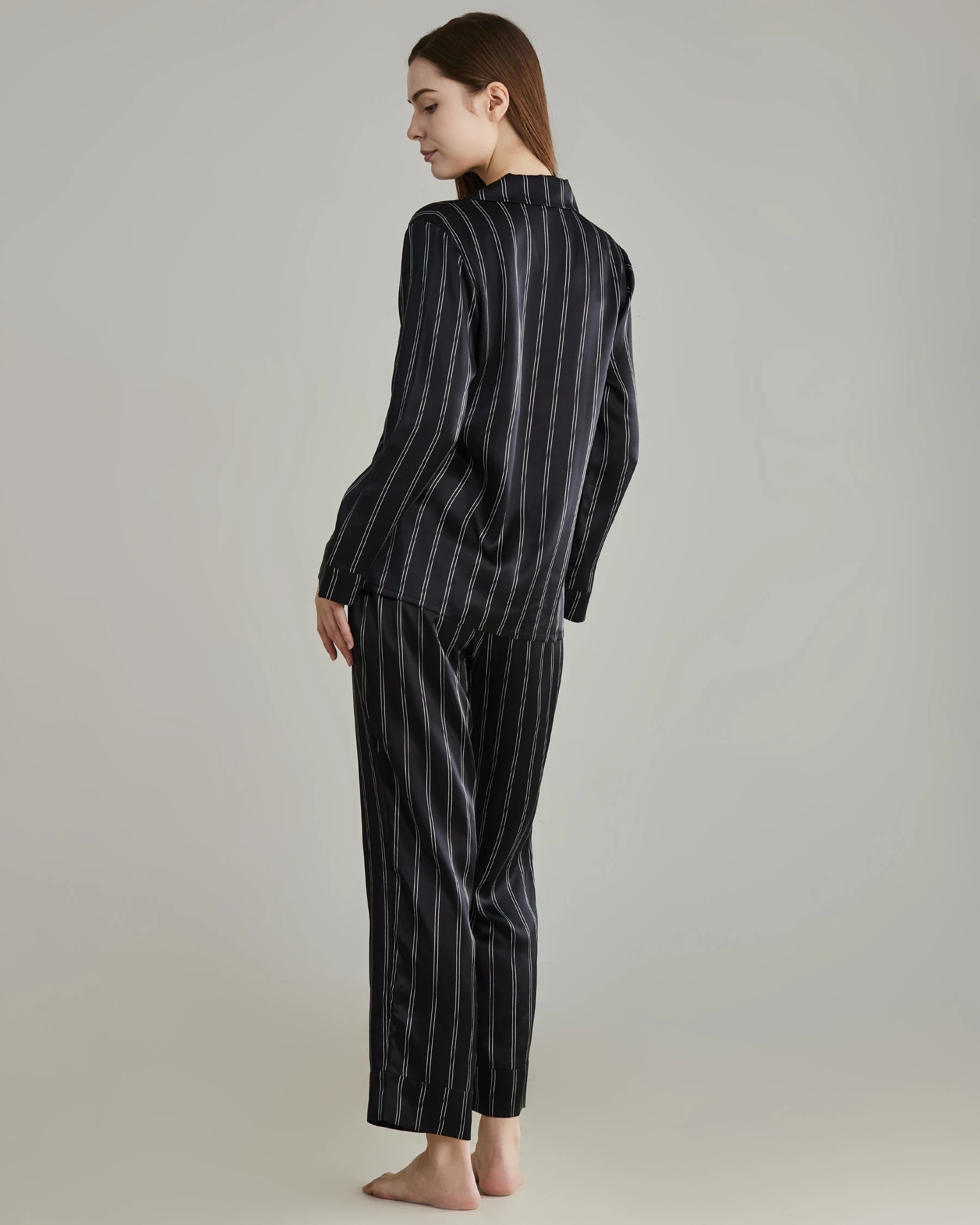 Classic Striped Silk Pajamas Set, Black