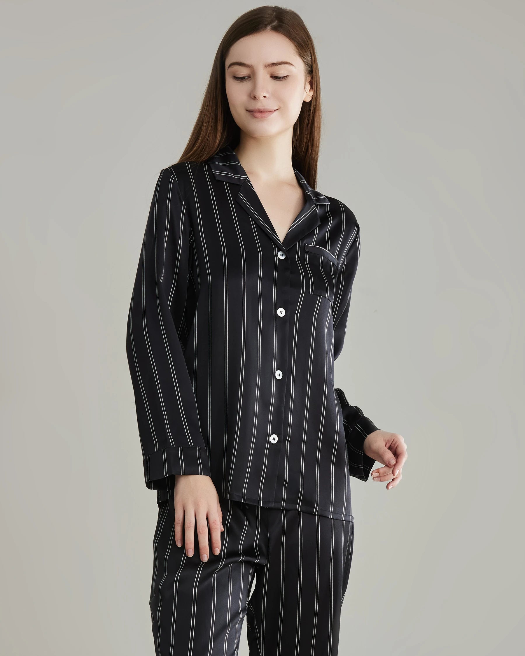 Classic Striped Silk Pajamas Set, Black