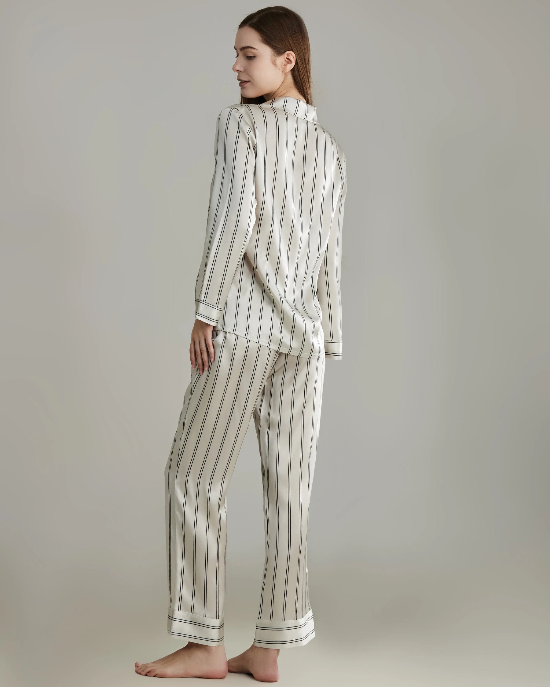 Classic Striped Silk Pajamas Set, White