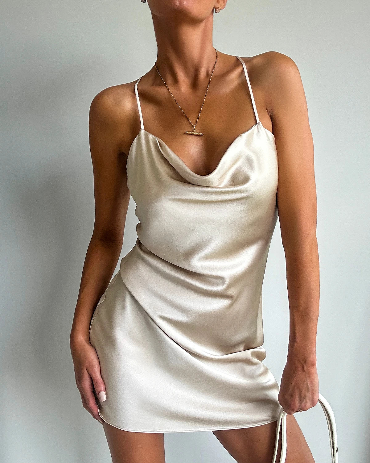 Cowl Neck Cross Back Mini Silk Dress, Champagne