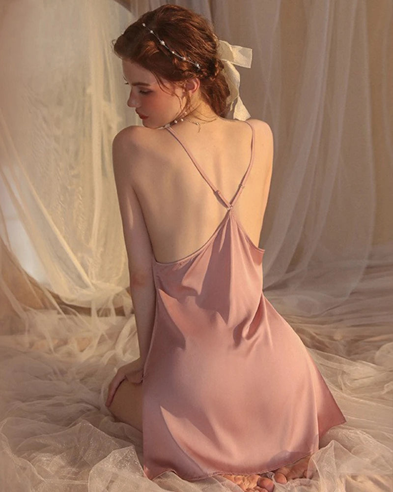 Cross Back Silk Slip Nightgown, Rose Pink