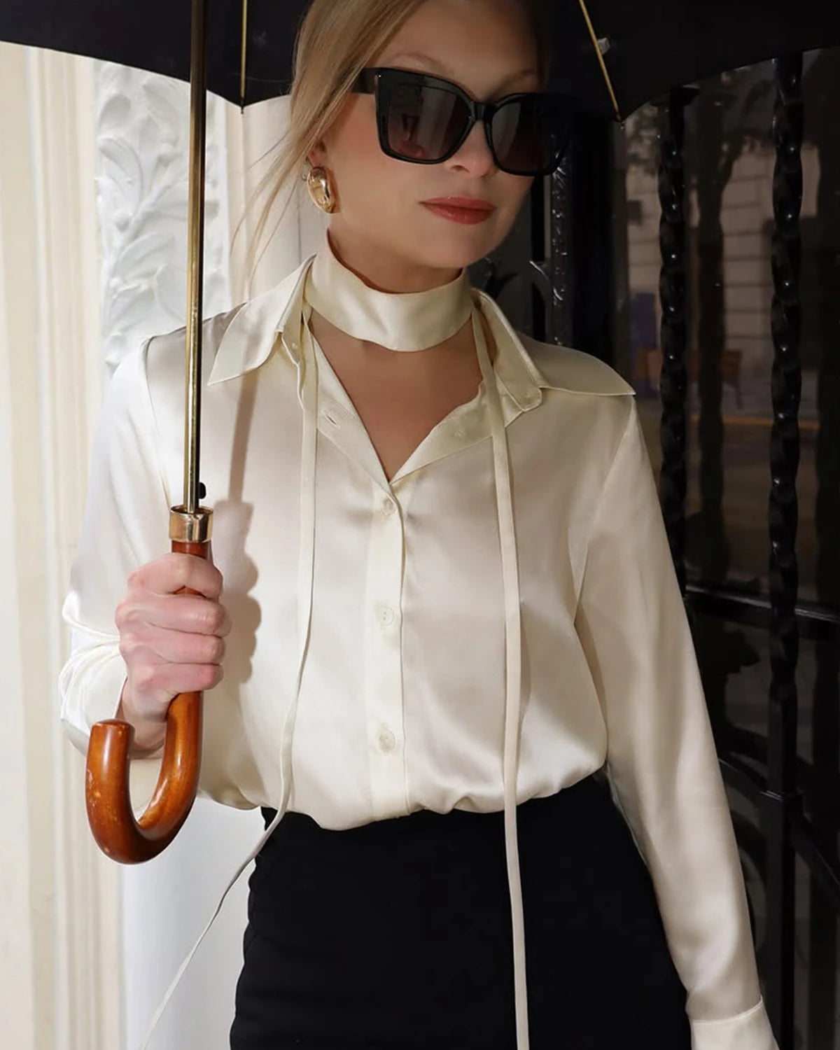 Women's Loose Tie Neck Silk Shirt, White