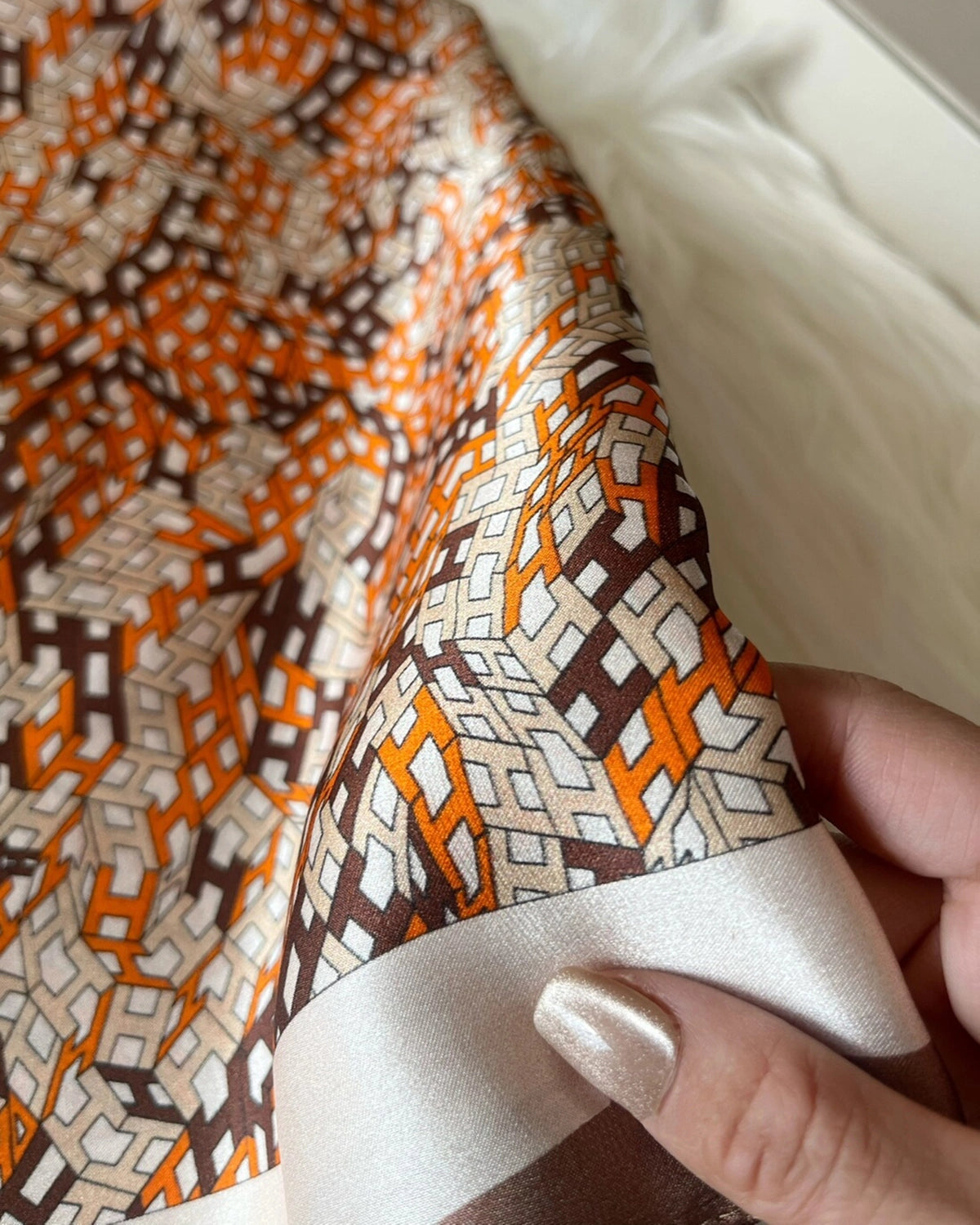 Letter H Patterned Silk Scarf, Orange