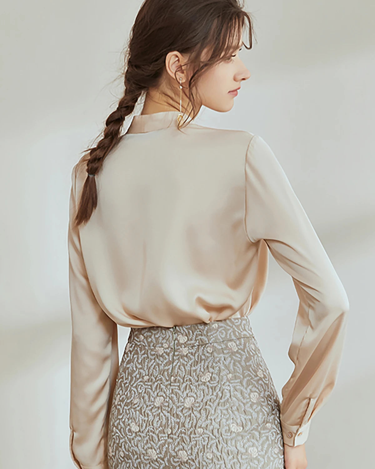 V-Neck Silk Pleated Blouse, Champagne