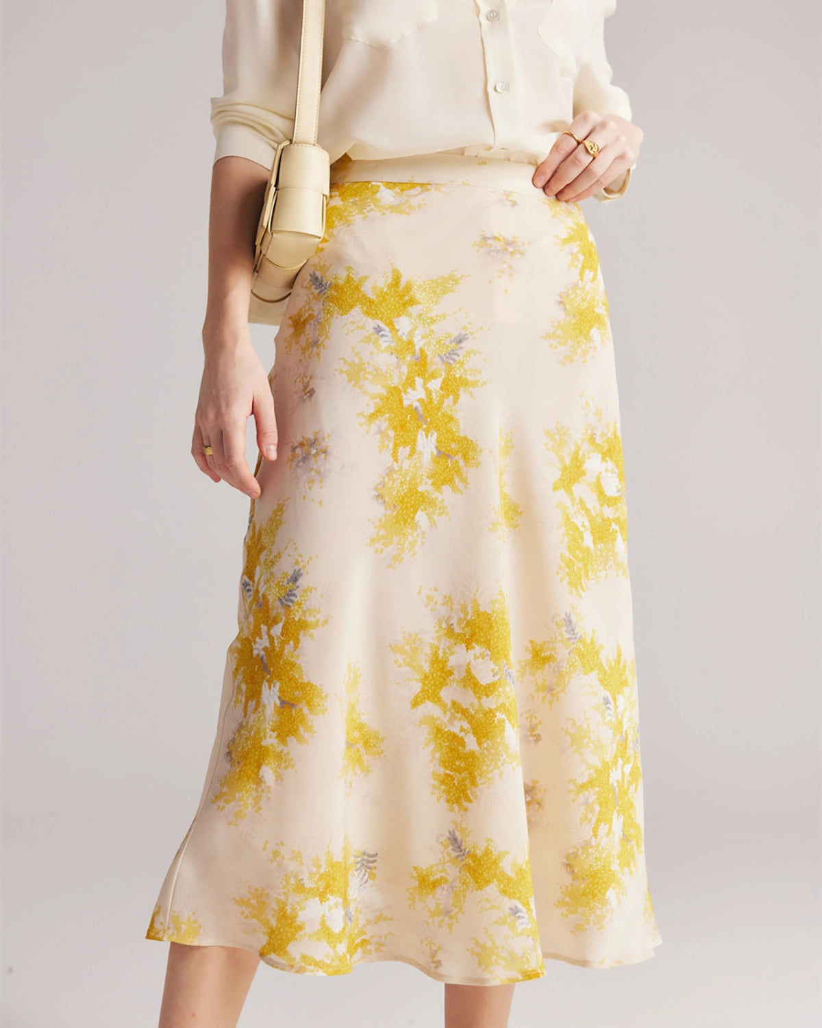 Floral Print Silk Midi Skirt, Yellow