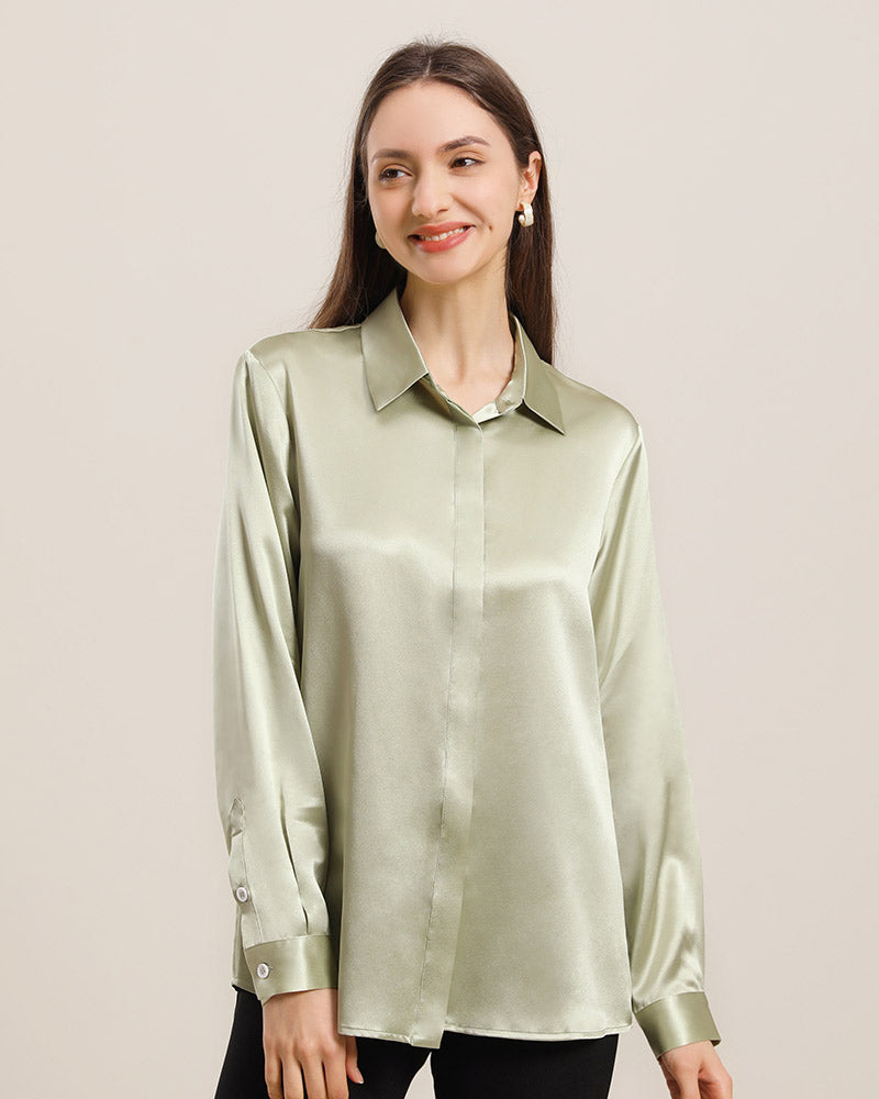 Women's Basic Concealed Silk Shirt Avocado Green