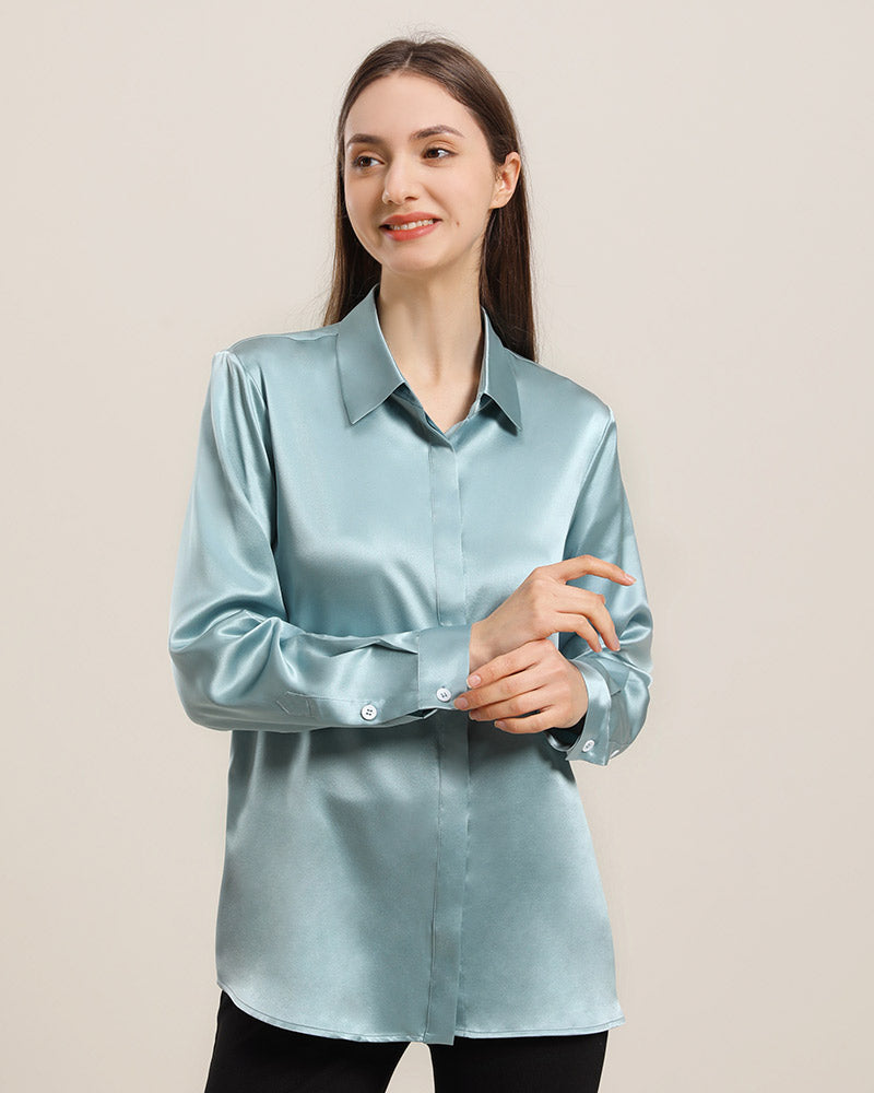 Women's Basic Concealed Silk Shirt Blue